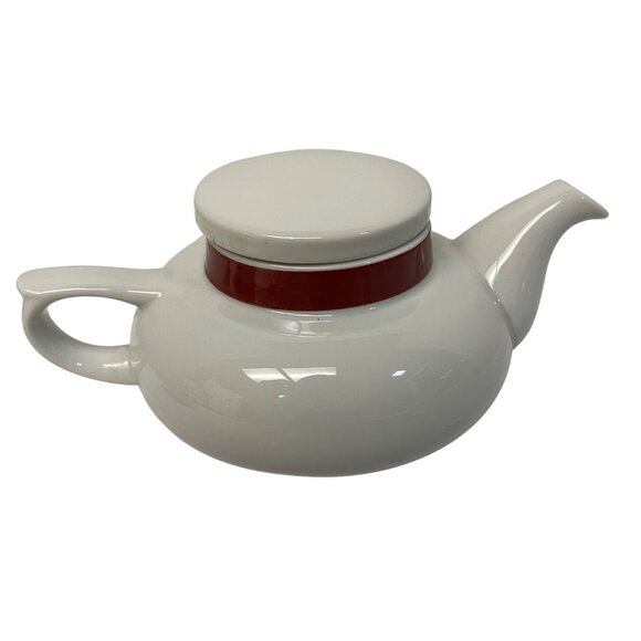 Toscony Vintage White Ceramic Teapot With Red Accent Band 4" x 8.5" - Picture 3 of 6